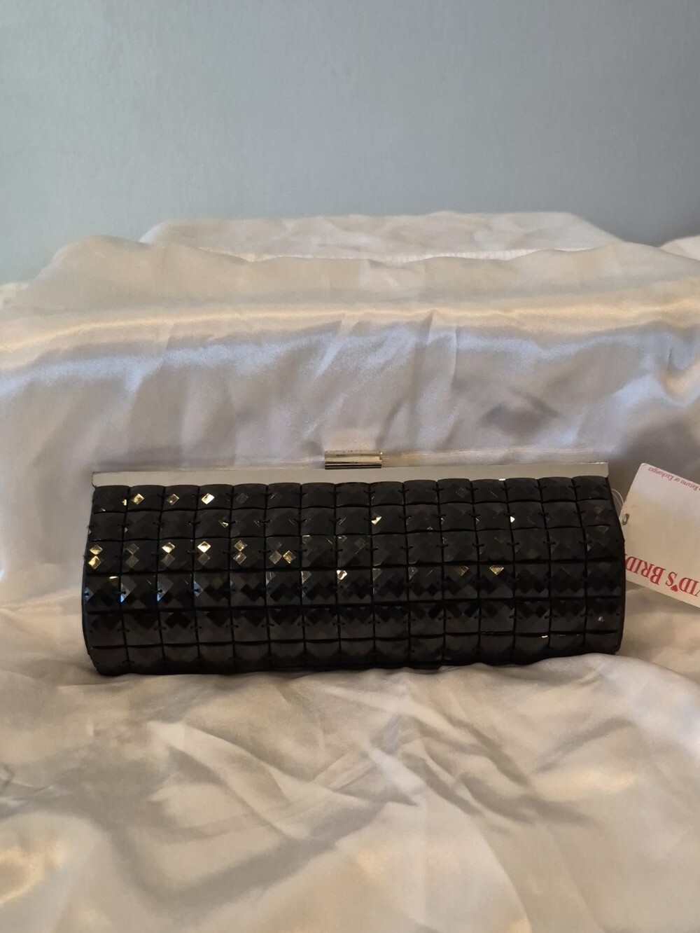 David's Bridal Black Faceted Evening Clutch with Silver Trim